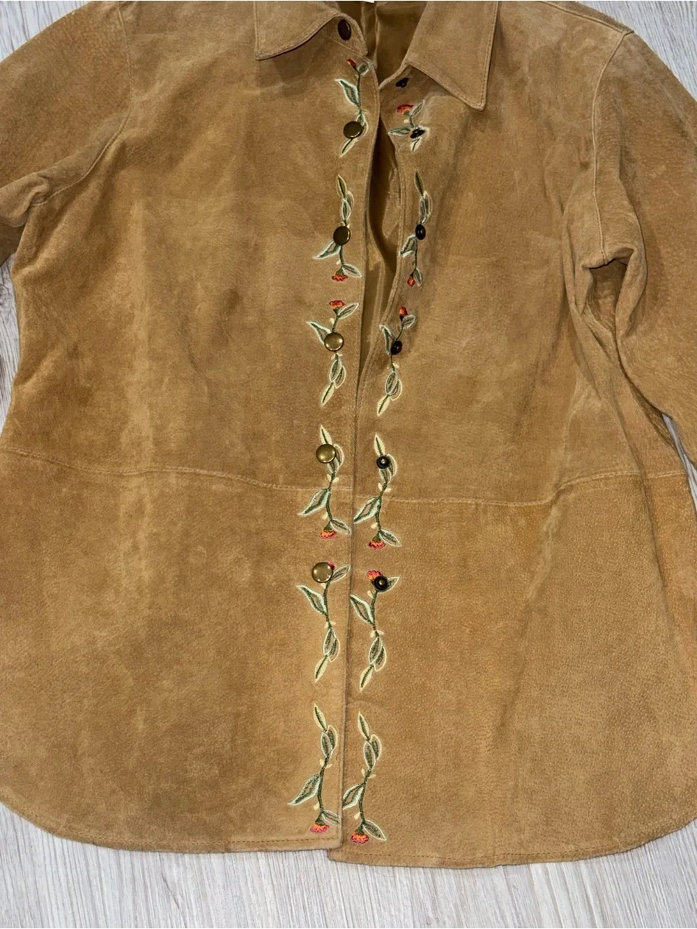 Coldwater Creek Tan Leather Jacket with Floral Embroidery